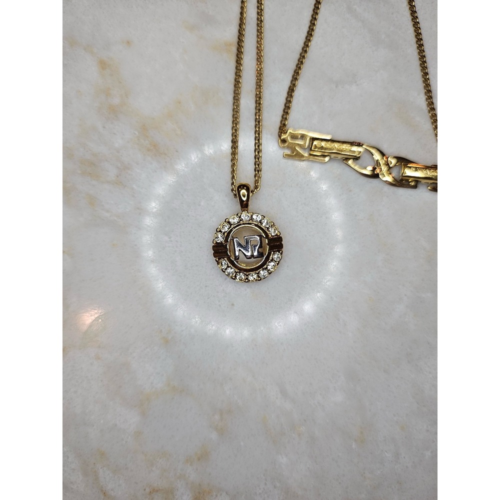 Nina Ricci Gold Pendant Necklace Rhinestone Logo Designer Jewelry - Picture 2 of 6